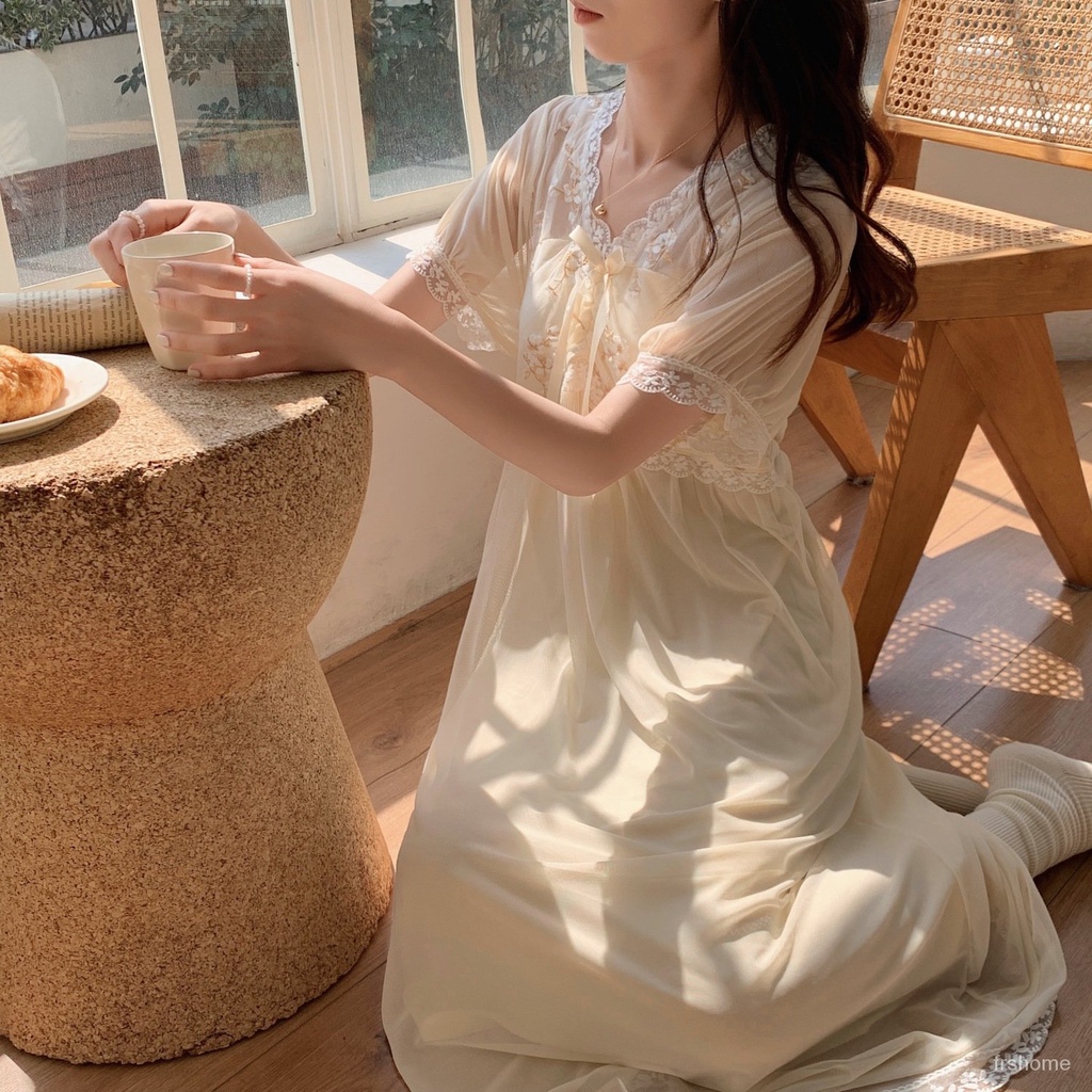 Gaun tidur wanita renda renda renda gaya pengadilan V-neck mesh rok panjang tengah bagian tipis piya