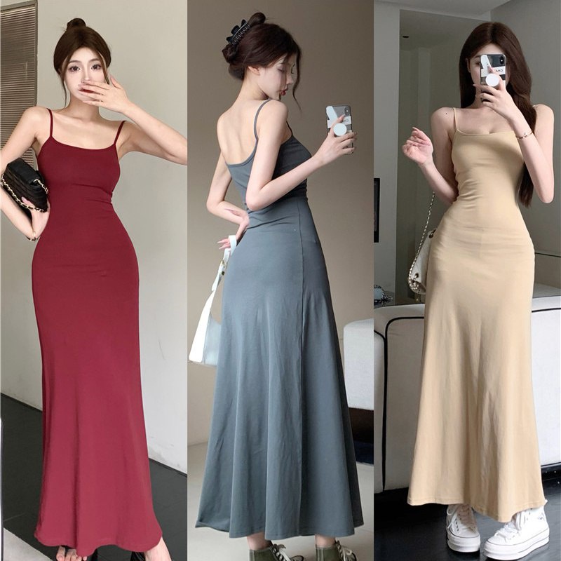 dress floral korea Dress Slip Musim Panas Wanita2023Pure Desire Rok Panjang Bahu Terbuka, Bawahan Pi