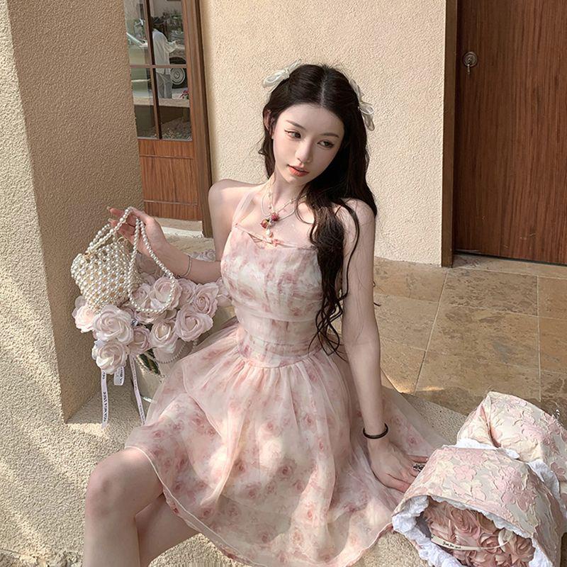 dress floral korea Rasakan Bunga Laut Pertama Cinta Rok Pink Mawar Manis Halter Gaun Panjang