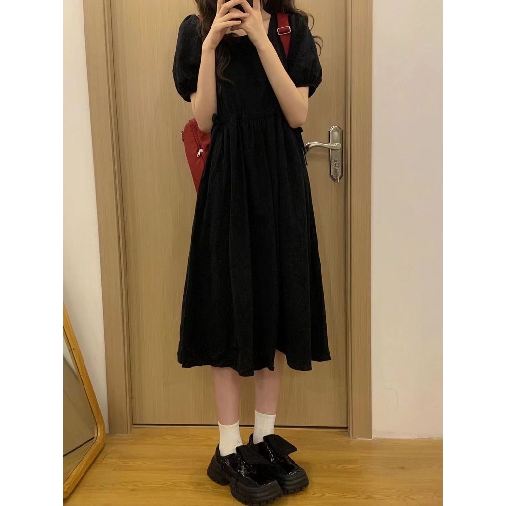 dress floral korea Jiao Jia Qiao/Lengan Puff Hitam ManisaBaju Wanita Pinggang Sedikit Gemuk, Rok Mid