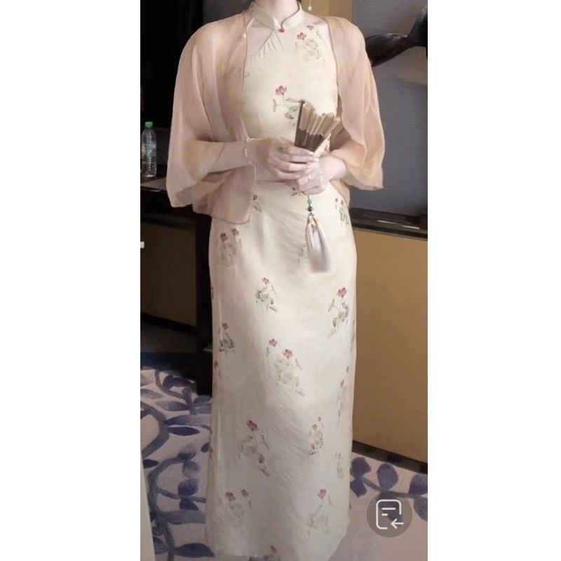 dress floral korea Yiyao【Lentera Wisata Meriah】Gaun Cheongsam Retro Gaya Tiongkok, Gaun Pelangsing P