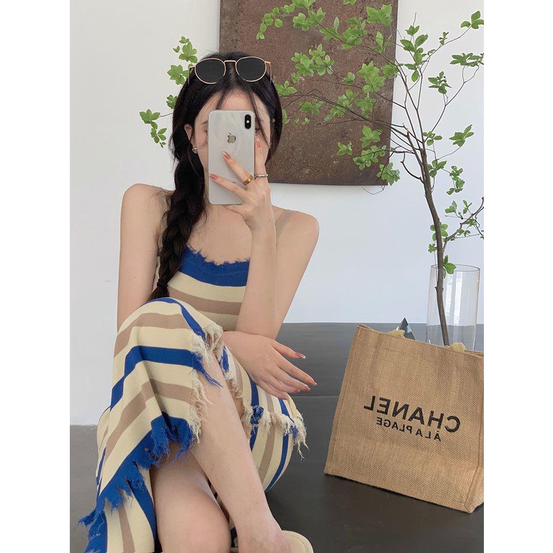 dress floral korea Gaun Suspender Rajut Bergaris Wanita, Rok Panjang Belahan Pinggang Ketat Musim Pa