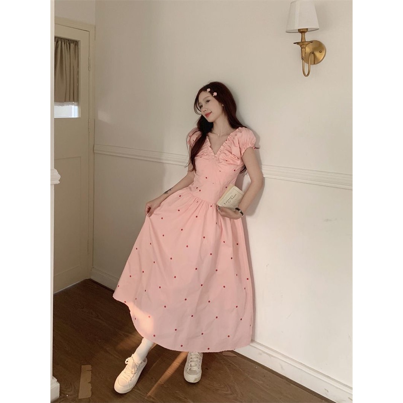 dress floral korea VGaun Wanita Lengan Puff Berlipat Kerah Musim Panas2023Rok Lengan Pendek Potongan