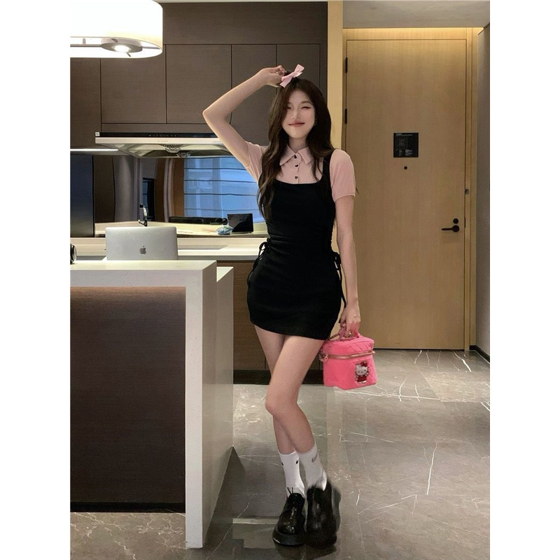 dress floral korea Dua Potong Palsu Dewi Musim PanasPOLOKerah Murni Gaya Rok Pendek Gaun Ketat Rampi