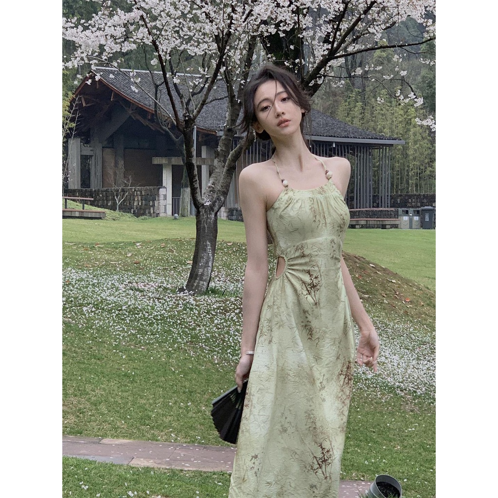 dress floral korea Gaun Wanita Musim Panas Tali Spaghetti, Gaun Musim Panas Halter Motif Gaya Cina B