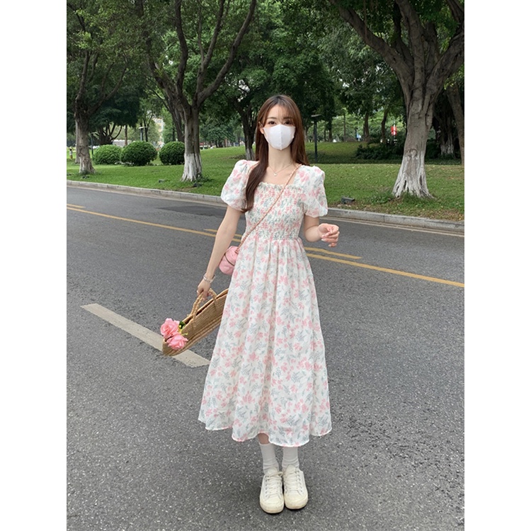 Red Floral square collar dress women s summer 2023 new sweet waist slimming mid-length super fairy first love skirt