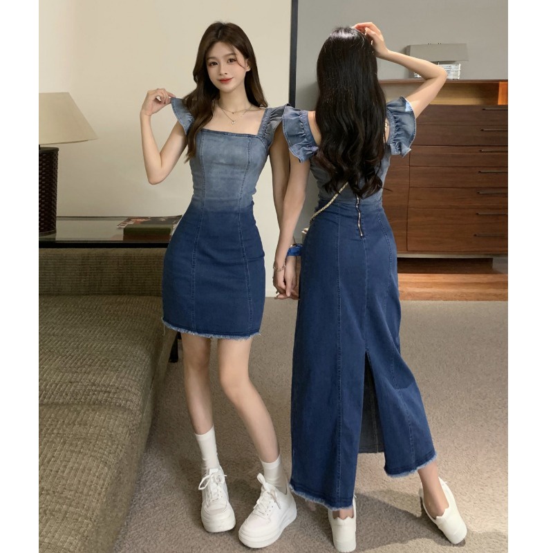 Red 2023 Musim Panas Baru Kecil Denim Gradien Suspender Rok Panjang dengan Lengan Terbang Kecil dan Tepi Mentah Kamar Kerja Honey Dress Wanita