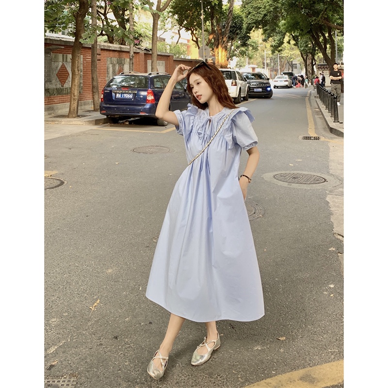 Red Design sense tie ruffles short sleeve dress summer 2023 new fashion small girl long skirt tide