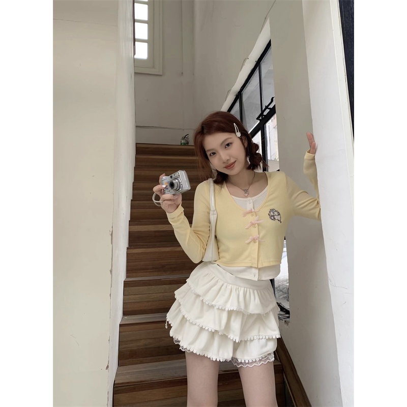 Red Bordir Busur Palsu Dua Potong Lengan Panjang T-shirt Wanita Musim Semi 2023 Baru Slim-Fit Pendek Warna hit Atasan Kasual Ins