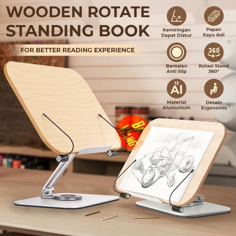 Stand Standing Holder Dudukan Kayu Buku Tablet Tab Ipad Rotary 360