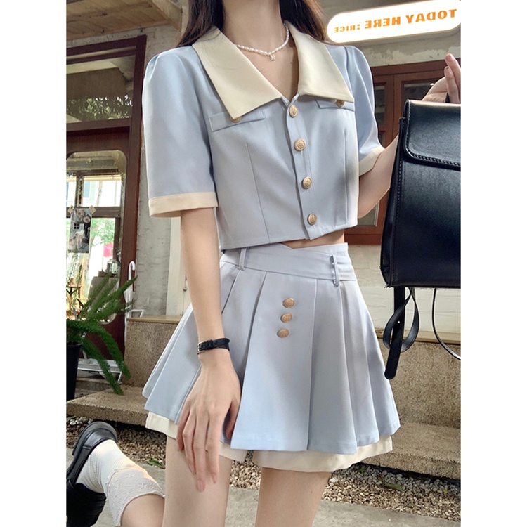 Red Xiaoxiangfeng biru high-end akal pendek lengan pendek top rok rok wanita musim panas 2023 mode baru set dua potong