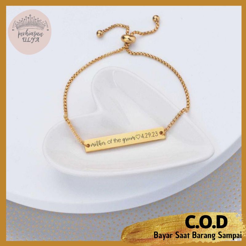 GELANG BRACELET RANTAI SERUT TITANIUM LAPIS EMAS PLAT CUSTOM BOLAK BALIK NAMA INISIAL HURUF COUPLE F