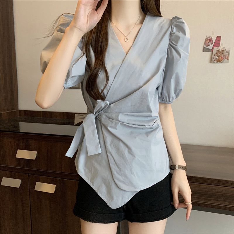 Kemeja lengan pendek V-neck bubble baru musim panas