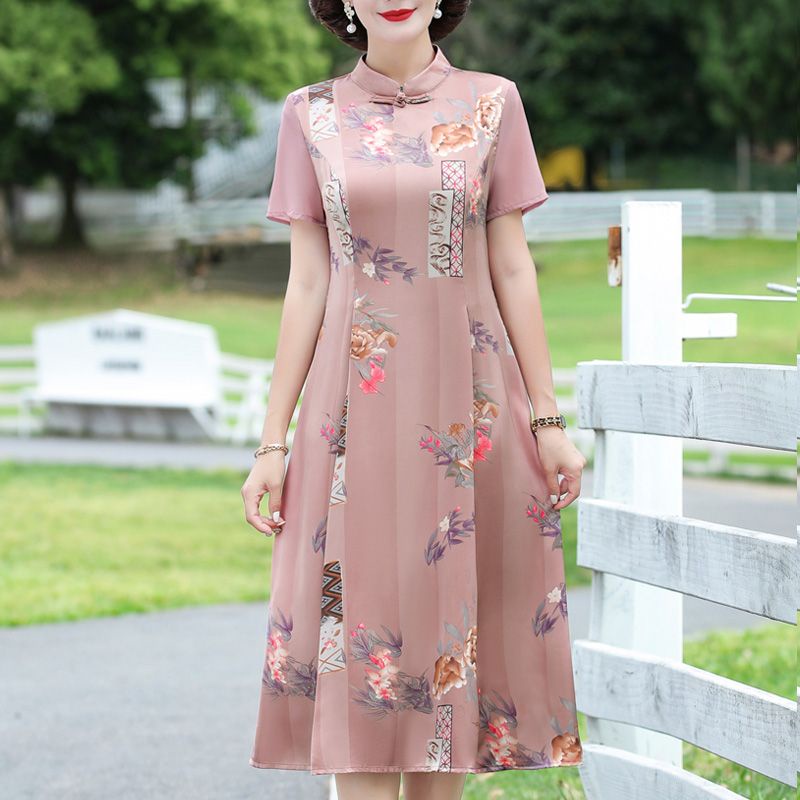 Hazel.hijau ibu ibu gaun musim panas temperamen asing meningkatkan rok cheongsam gaun sifon setengah