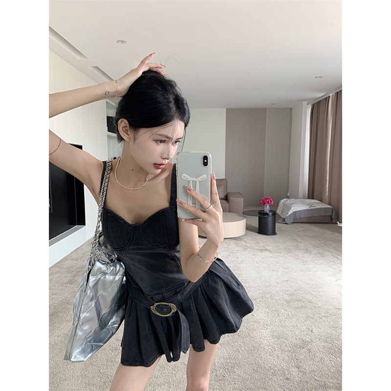 ஐ۞♙gaun musim panas pantai manis keren hot gadis denim suspender dress perempuan musim panas temperamen pinggang pelangsing rok A-line rok pendek