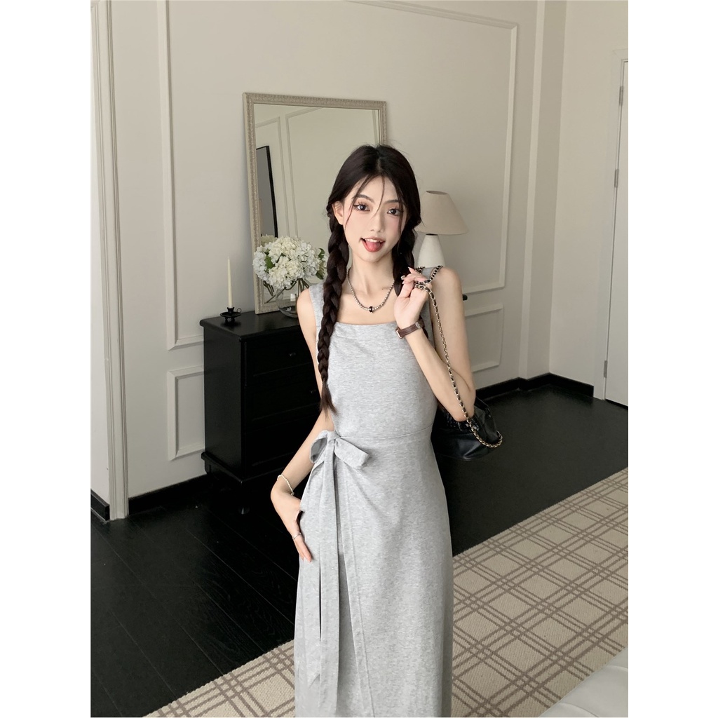 ✜✤❏gaun musim panas pantai abu-abu suspender rok kasual gaun musim panas wanita ceruk desain rompi rok tali slim slim rok panjang