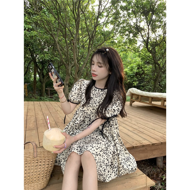 ▽✙dress summer beach sweet wind puff sleeve floral dress spring loose small age-reducing doll skirt women