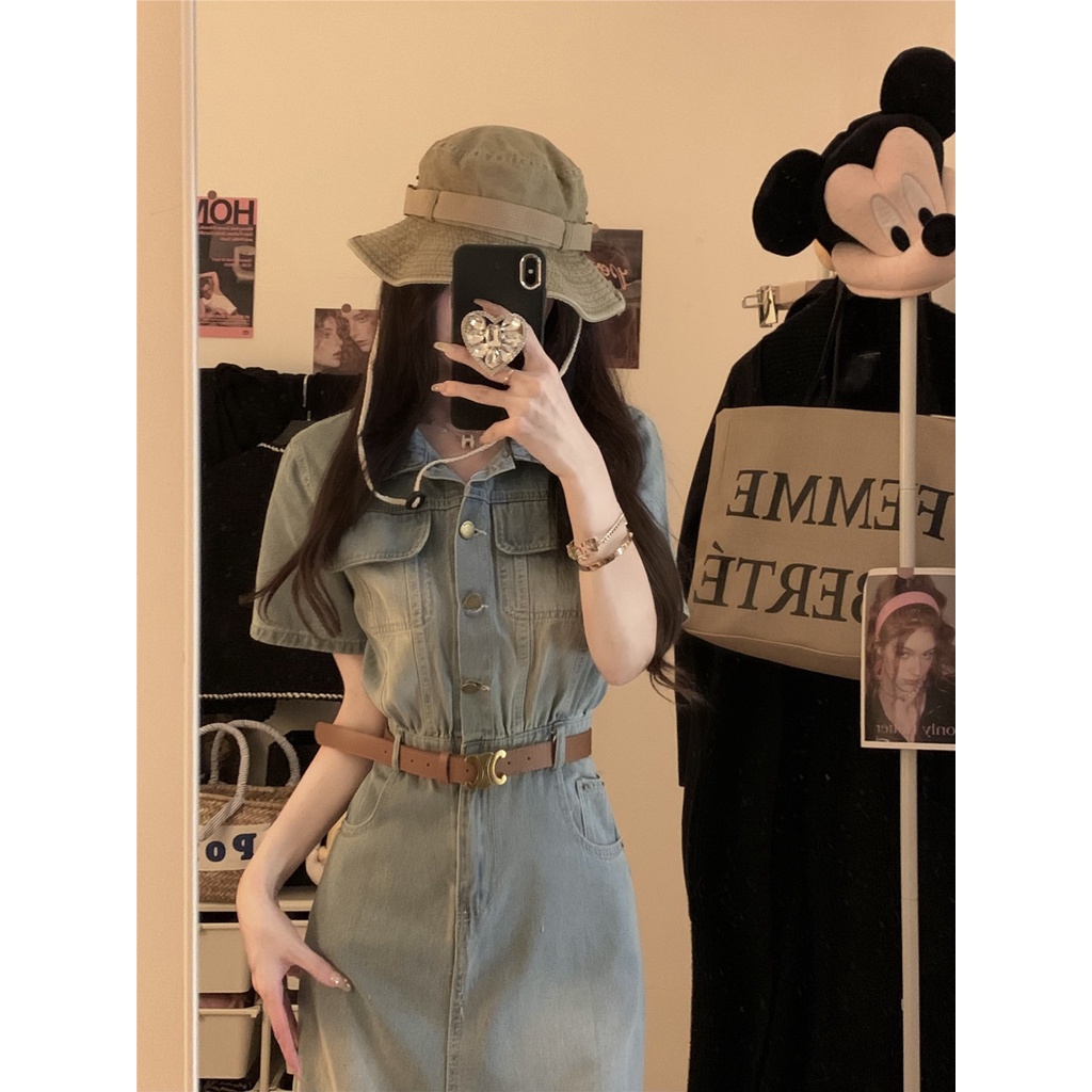 ☜▩♀gaun musim panas pantai retro gaya Hong Kong Polo kerah rok denim gaun wanita musim panas pinggang tas pelangsing hip rok panjang rok celah rok