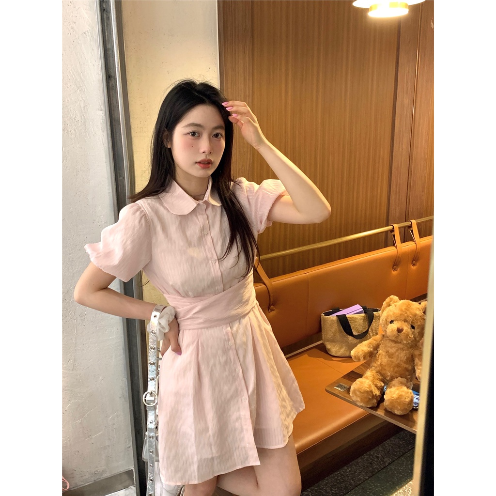 ☸❣dress summer beach pink POLO collar puff sleeve shirt dress female summer sweet hot girl waist slimming short skirt