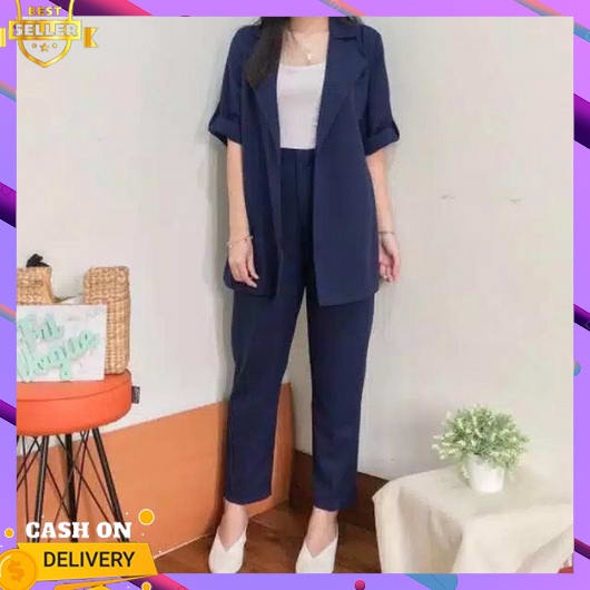 Setelan Blazer Wanita 1 Set Jumbo  Terbaru Kemeja 2In1 Rompi Atasan Kantoran Lengan Panjang Ootd Cro