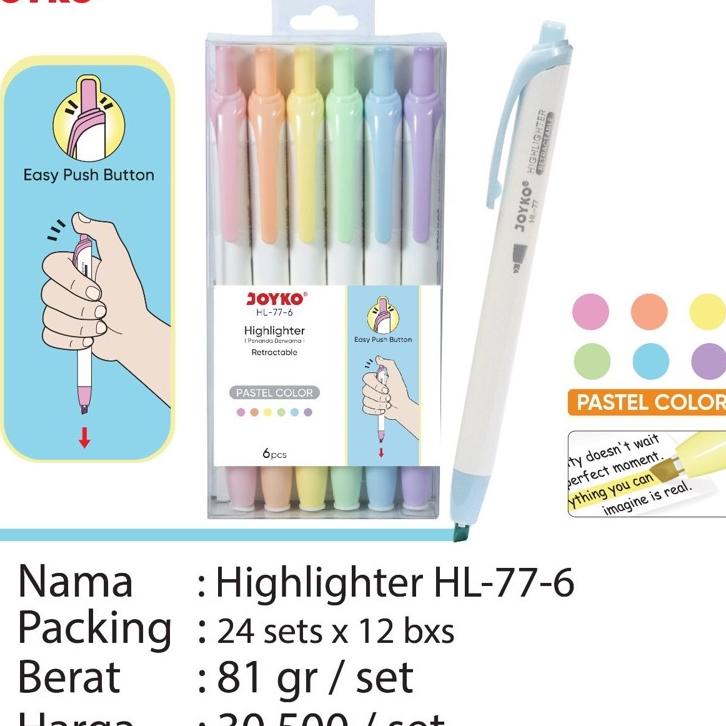 

Hl 77 6 Retracable Highlighter Set Joyko / Anda Cetrek 6 Warna Pastel Harga 1 Set Stabilo Pastel Color Hl-77-6 / Hl 77 6