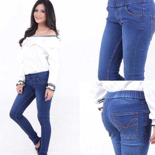 Jeans Skinny Wanita Pinggang Karet Stretch Celana Jeans Wanita