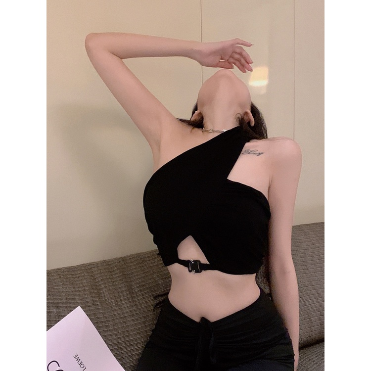 ♦cropped top short sexy black babes sleeveless niche summer one-shoulder outer wear inner bottoming shirt vest camisole top women #COD