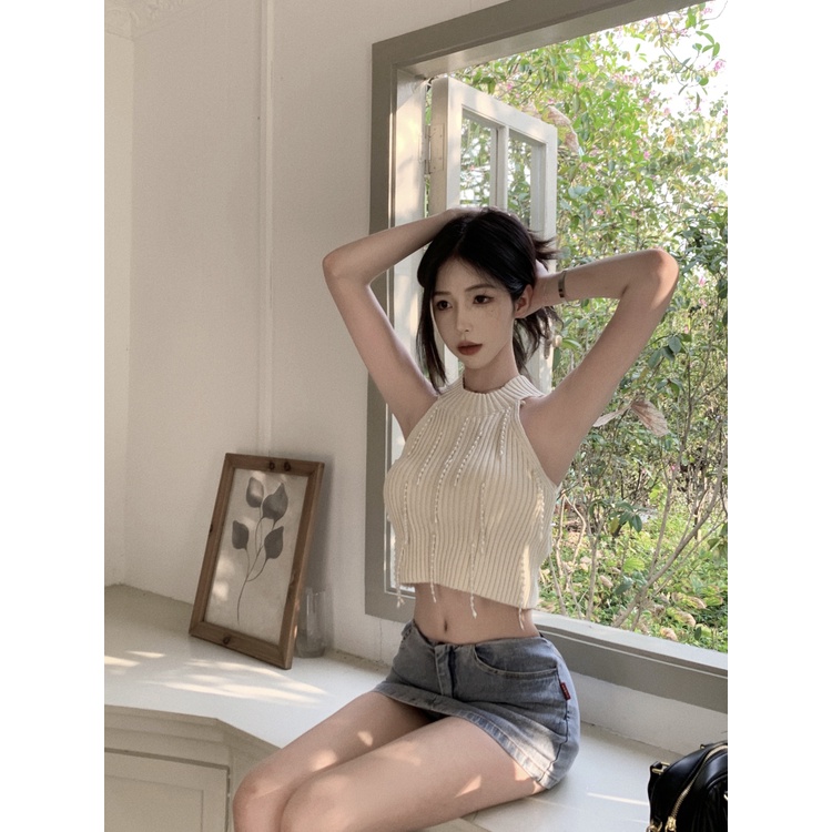 ♦✈cropped top short bottoming shirt white knitted camisole women spring and summer design pearl string pendant sleeveless top #COD