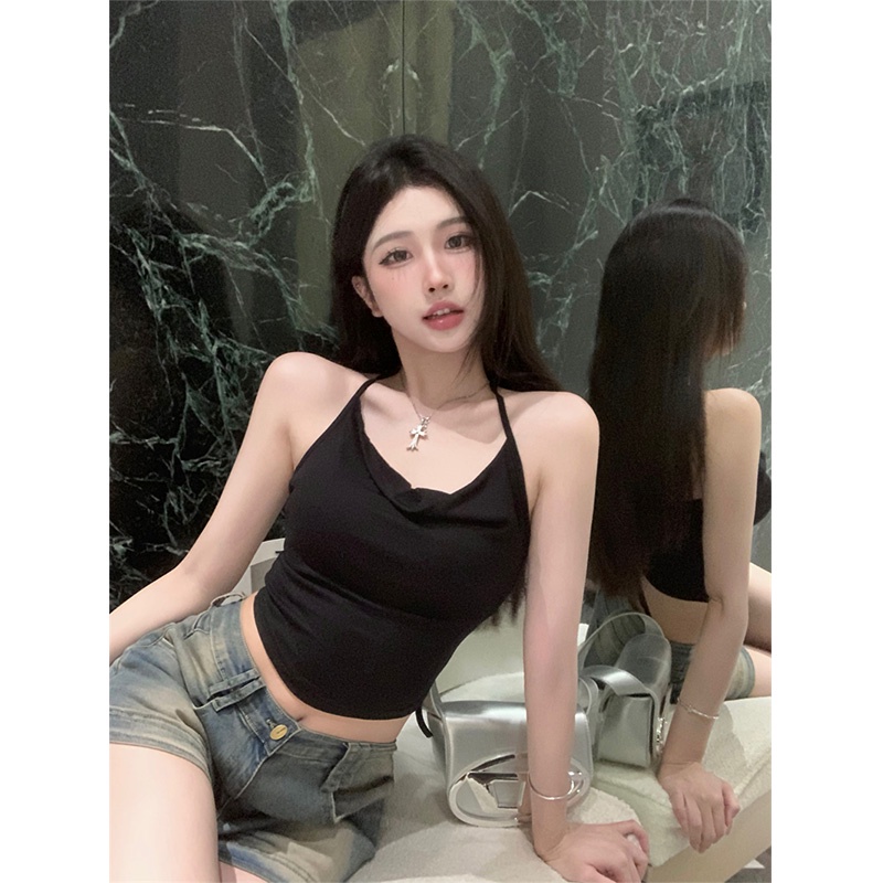 ✘◇❁cropped top babes suspender seksi keinginan murni hitam tubuh bagian dalam ramping tanpa lengan pendek musim panas desain rompi leher halter top wanita #COD