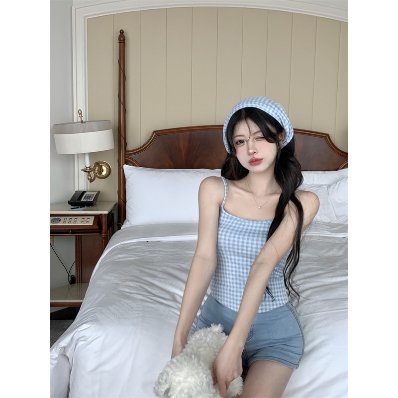 ✱♀♛cropped top rasa desain rompi kotak-kotak suspender musim panas wanita pakaian luar slimming tops bottoming kemeja gaya keinginan murni retro di dalam #COD