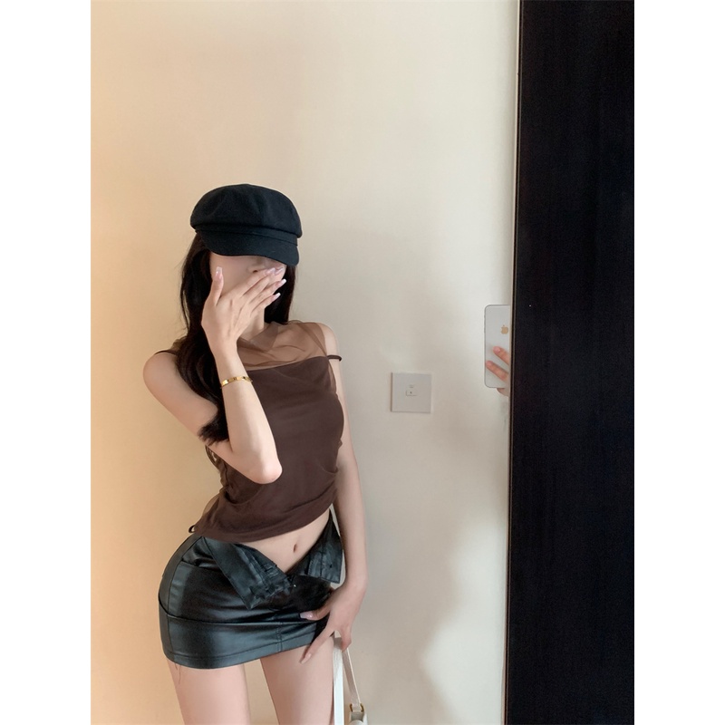 ☫☌cropped top pink mesh splicing gaya keinginan murni kamisol wanita pakaian dalam musim panas gaya keinginan murni hot girl atasan tanpa lengan kecil #COD