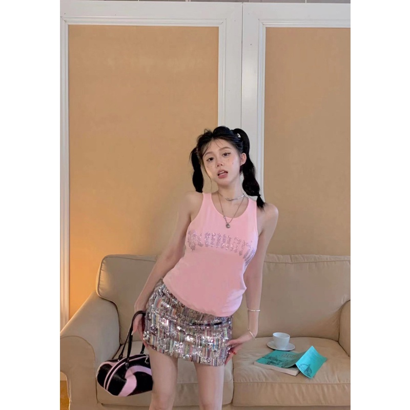 ✎Cropped top versi Korea dari surat tanpa lengan ketat ramping pembalap rompi musim panas kamisol top rok payet baru rok pendek wanita #COD