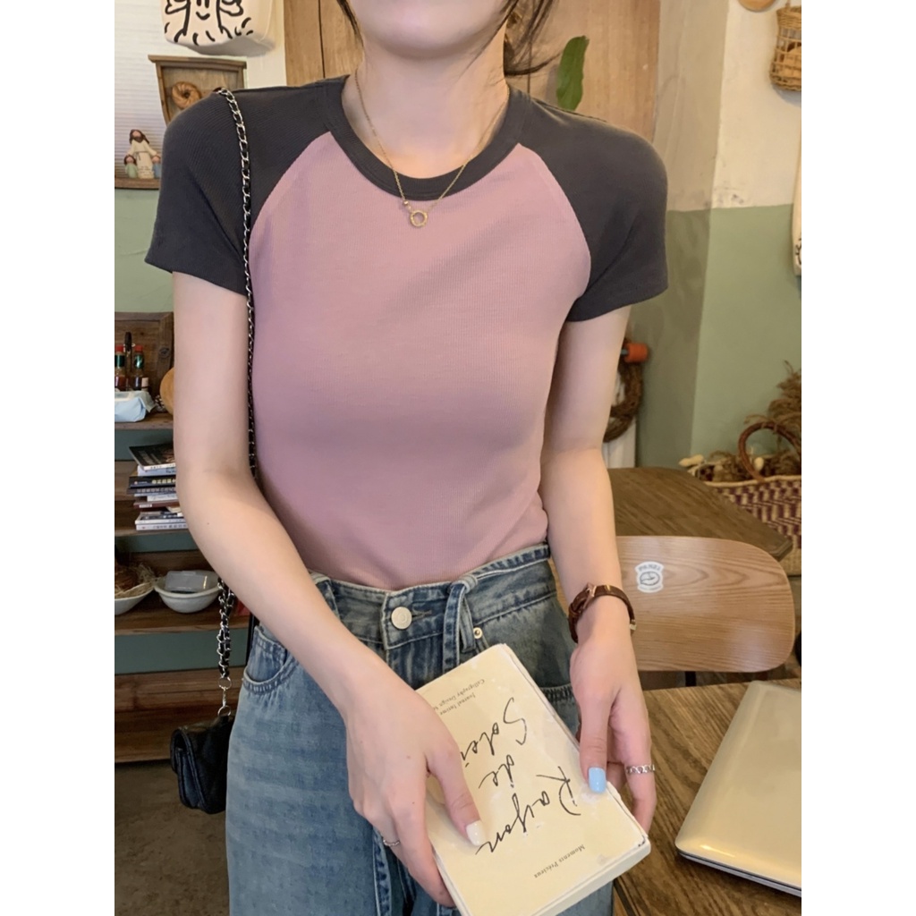 Suhao Pink Lengan Raglan T-shirt Wanita Hot Gadis Slim Pendek American Retro Slim Bahu Pendek Lengan Pendek Atasan Musim Panas Kaos Import Wanita Kaos Wanita Gaya Korea Lengan Pendek Kaos Pendek Perempuan