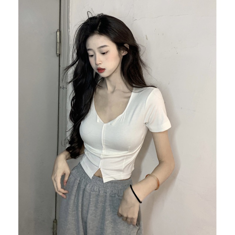 Suhao putih v-neck lengan pendek bahu depan t-shirt wanita desain musim panas perasaan ceruk ramping ramping seksi keinginan murni katun murni atasan pendek kaos impor wanita kaos wanita gaya korea lengan pendek kaos pendek perempuan