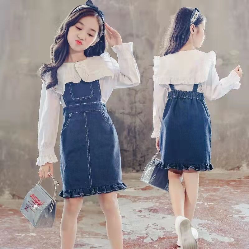 (Dolphyshop) 2in1 Junior kemeja korea+overall rok jeans size 160 (LD in 46,LP 38)