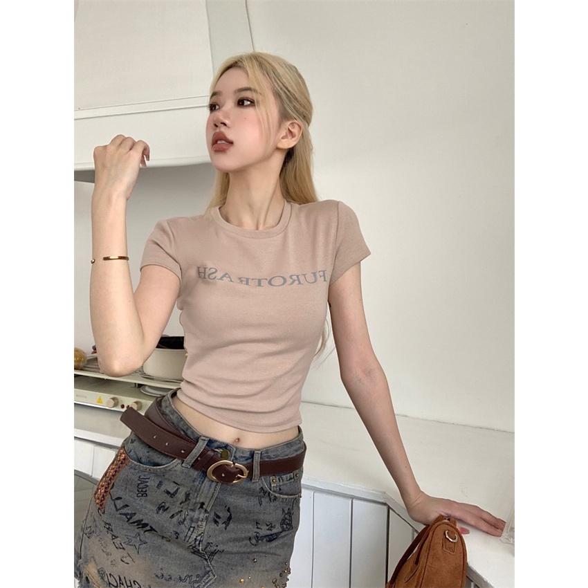 ◐☁Suhao kaos import wanita kaos wanita gaya korea lengan pendek kaos pendek perempuan American retro front shoulder short-sleeved t-shirt wanita musim panas design sense niche slim fit hot girl short crop top