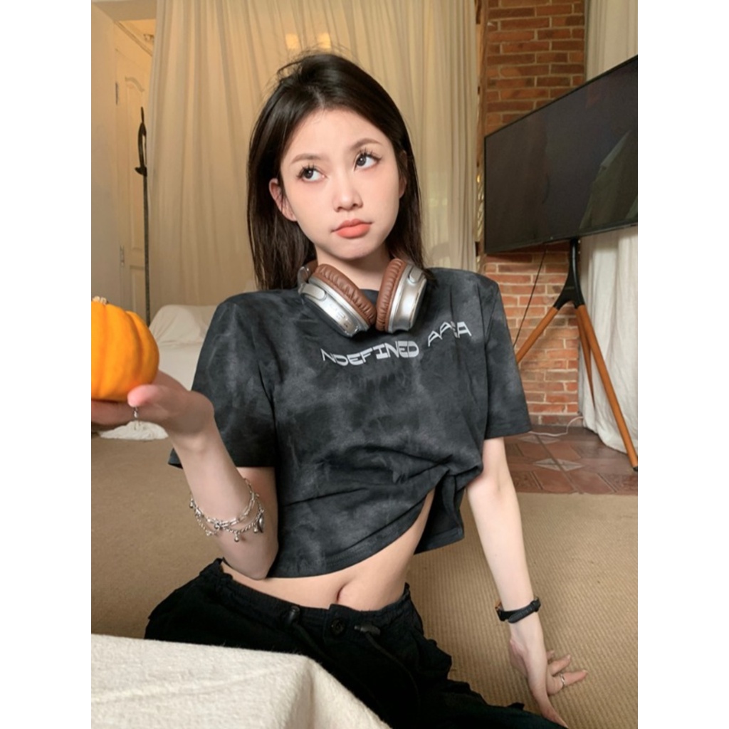 Suhao American retro bahu depan lengan pendek T-shirt wanita musim panas hot gadis kecil chic unik net merah memakai top pendek kaos impor wanita kaos wanita gaya korea lengan pendek kaos pendek perempuan