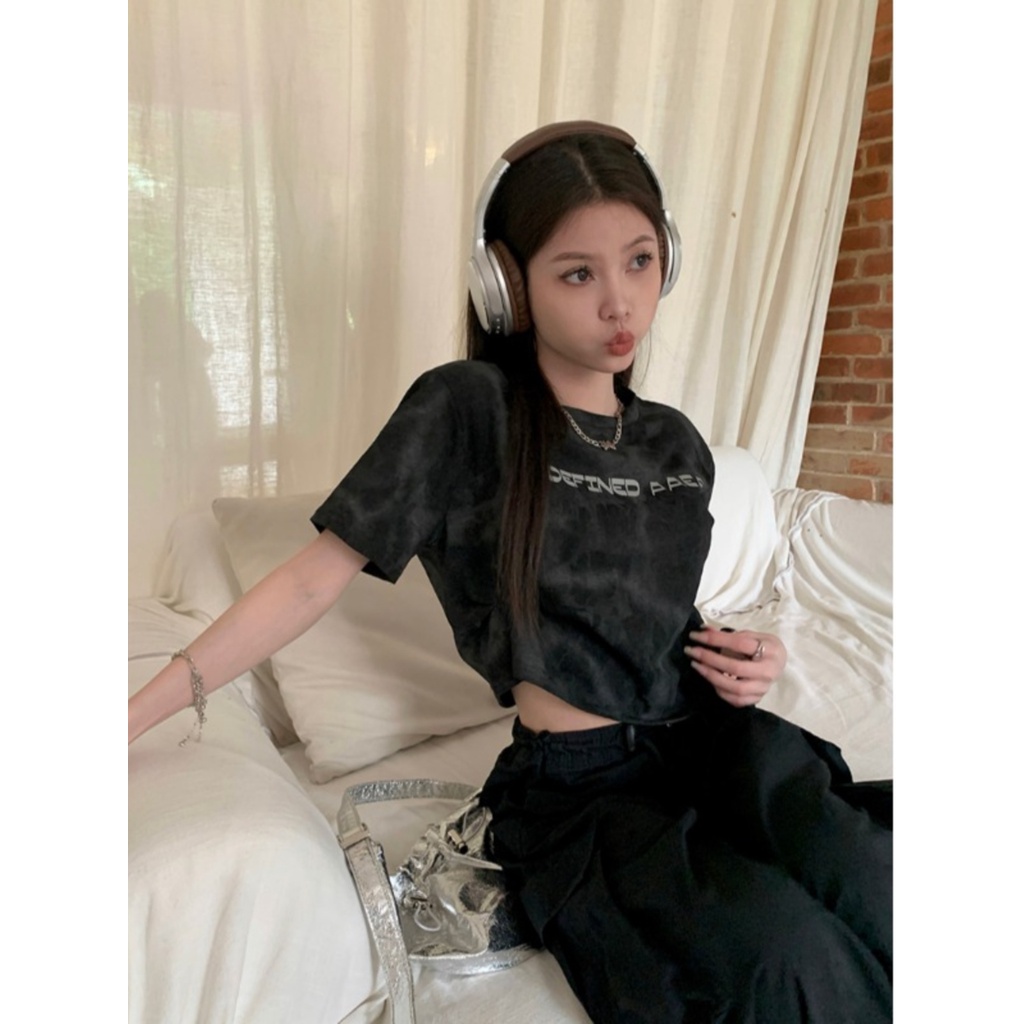Suhao American retro bahu depan lengan pendek T-shirt wanita musim panas hot gadis kecil chic unik net merah memakai top pendek kaos impor wanita kaos wanita gaya korea lengan pendek kaos pendek perempuan