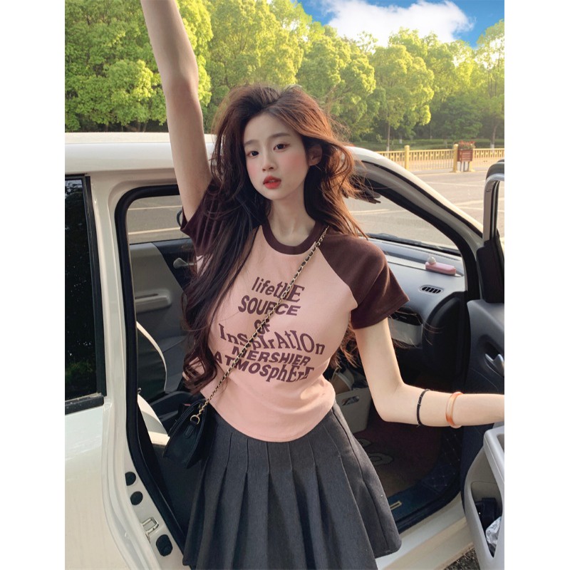 ﺴ♘Suhao kaos import wanita kaos wanita gaya korea lengan pendek kaos pendek perempuan American retro contrast color raglan shoulder short-sleeve t-shirt female summer hot girl slim short irregular top cotton t-shirt