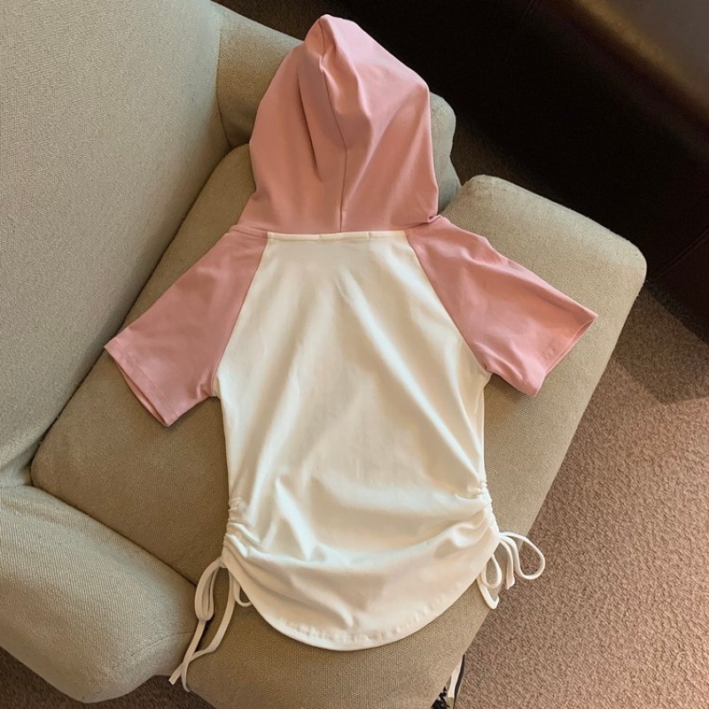 Suhao American retro bahu depan lengan pendek t-shirt wanita musim panas manis hot gadis serut pendek top raglan bahu berkerudung setengah lengan T-shirt kaos impor wanita kaos wanita gaya korea lengan pendek kaos pendek perempuan