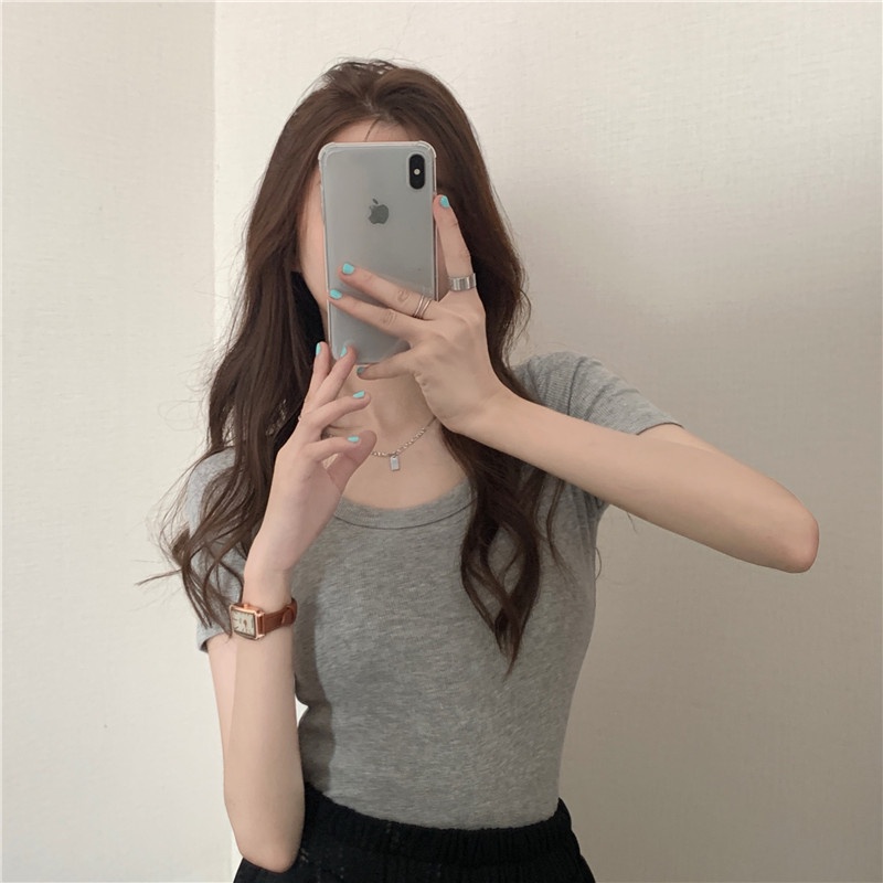 Suhao summer sweet hot girl U-neck front shoulder short-sleeve t-shirt feminin slim bottoming shirt short tight waist pinch top kaos import wanita kaos wanita gaya korea lengan pendek kaos pendek perempuan