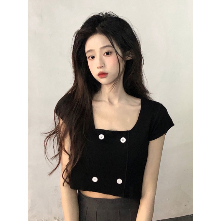 Suhao gaya keinginan murni hot girl square collar short-sleeve t-shirt women s summer new 2023 front shoulder slim fit and thin short temperament top kaos import wanita kaos wanita gaya korea lengan pendek kaos pendek perempuan