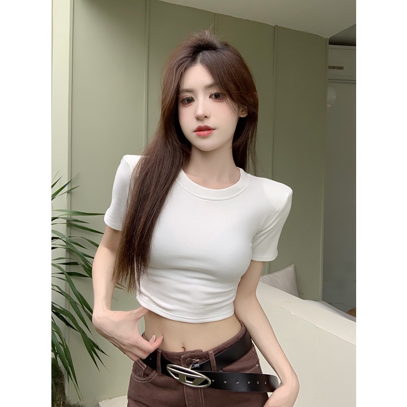 Suhao murni keinginan hitam berongga depan bahu lengan pendek T-shirt wanita musim panas hot gadis slim-fit pusar T-shirt desain pendek top kaos impor wanita kaos wanita gaya korea lengan pendek kaos pendek perempuan