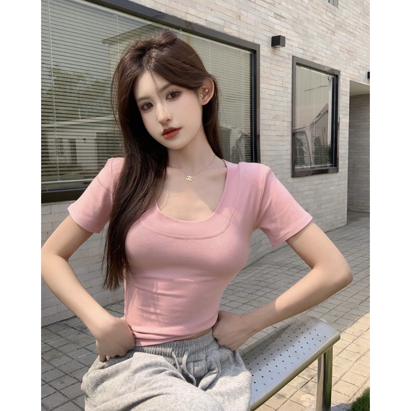 Suhao dopamin gaya manis pink u-neck bahu depan lengan pendek t-shirt wanita musim panas slim fit gaya keinginan murni pendek bottoming top tipis kaos impor wanita kaos wanita gaya korea lengan pendek kaos pendek perempuan