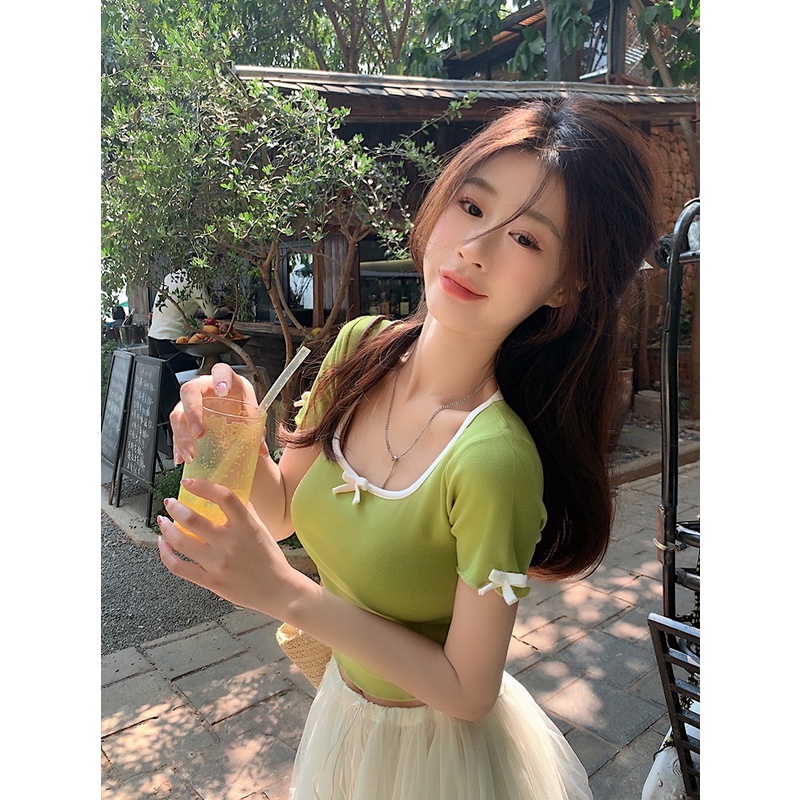 Suhao square collar French sweet and spicy short top women s summer high-end sense with skirt kecil alpukat hijau lengan pendek T-shirt kaos impor wanita kaos wanita gaya korea lengan pendek kaos pendek perempuan