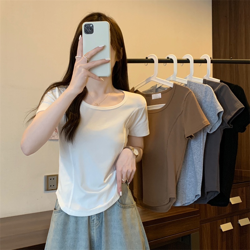 Suhao front shoulder design fishbone short-sleeved t-shirt women s summer new chic unique niche arc hem short top kaos import wanita kaos wanita gaya korea lengan pendek kaos pendek perempuan