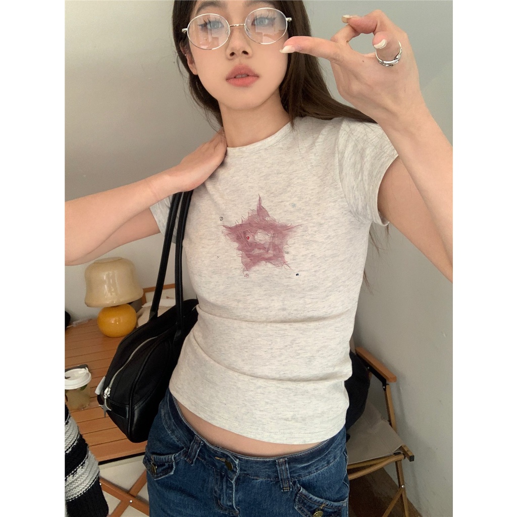 ✖Suhao kaos import wanita kaos wanita gaya korea lengan pendek kaos pendek perempuan American style retro star print abu-abu lengan pendek wanita t-shirt summer design sense niche slim shoulder short top