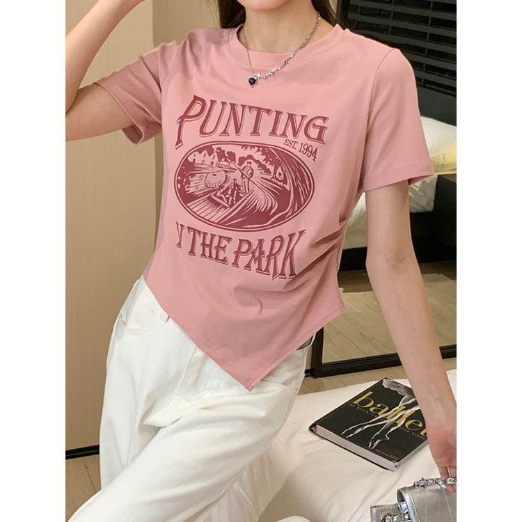 ▩✓❁Suhao kaos import wanita kaos wanita gaya korea lengan pendek kaos pendek perempuan letter printed cotton shoulder women s t-shirt short-sleeve summer design sense niche American retro hot girl short top