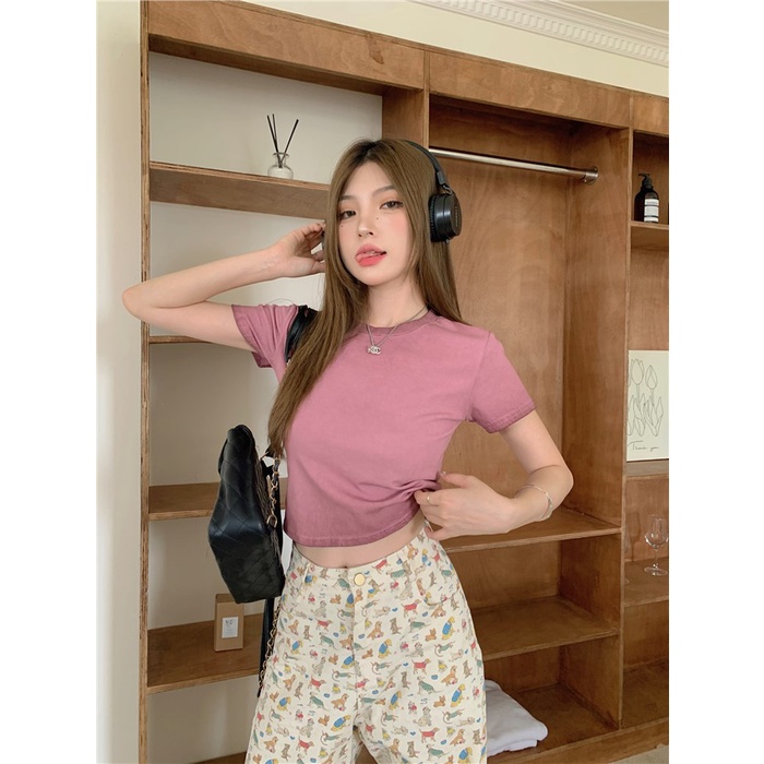 ❁Suhao kaos import wanita kaos wanita gaya korea lengan pendek kaos pendek perempuan American retro tie-dye short front shoulder slim simple round neck short-sleeve t-shirt women s summer high waist sweet hot girl top