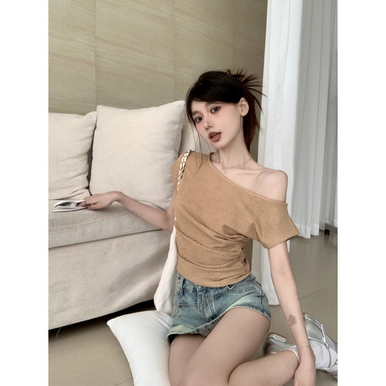 ☒▽☸Suhao kaos import wanita kaos wanita gaya korea lengan pendek kaos pendek perempuan French one-shoulder collarbone short-sleeve t-shirt wanita musim panas pinggang pelangsing tekstur kerut manis hot gadis pendek top